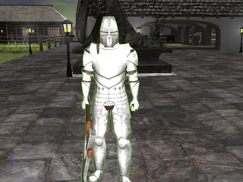 A guardian in full plate armour standing ready, weapon in hand