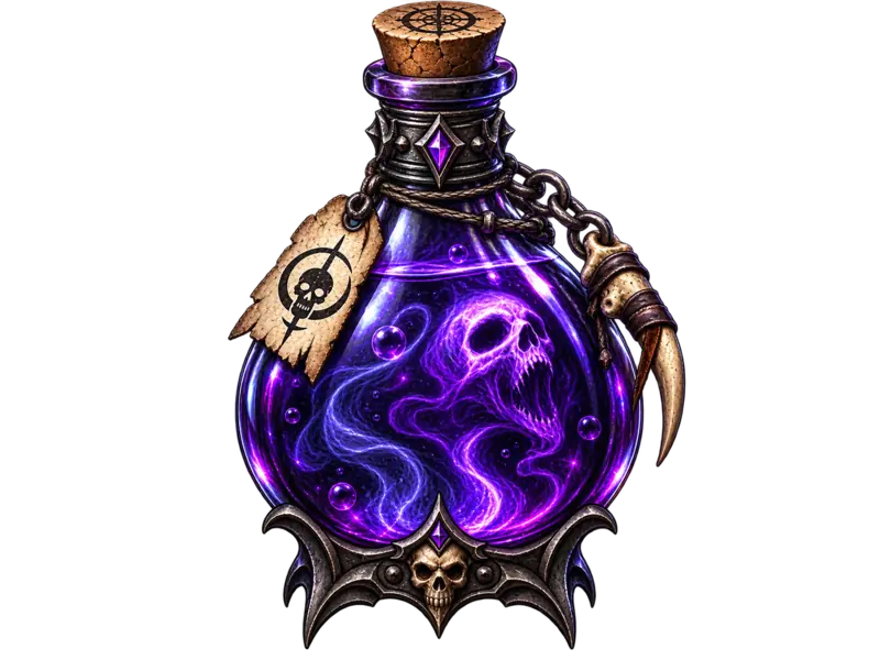 A dark bottle of violet ichor, a skull swirling in the liquid within