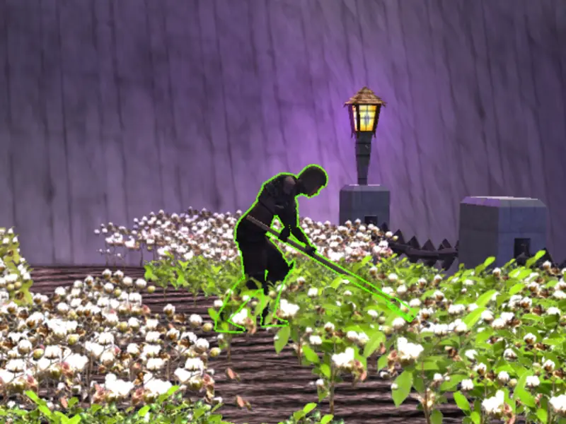 A vassal working a field of crops by lantern light