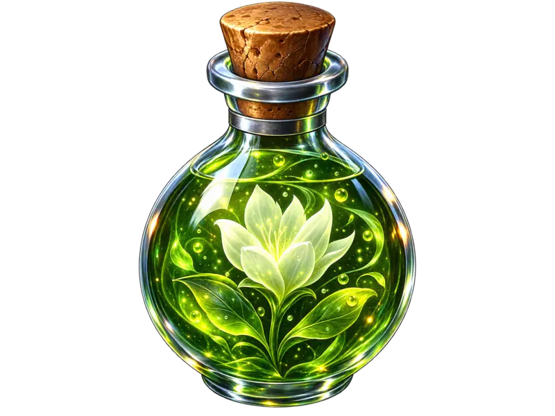 A glass vial of pale green liquid with a glowing flower suspended inside